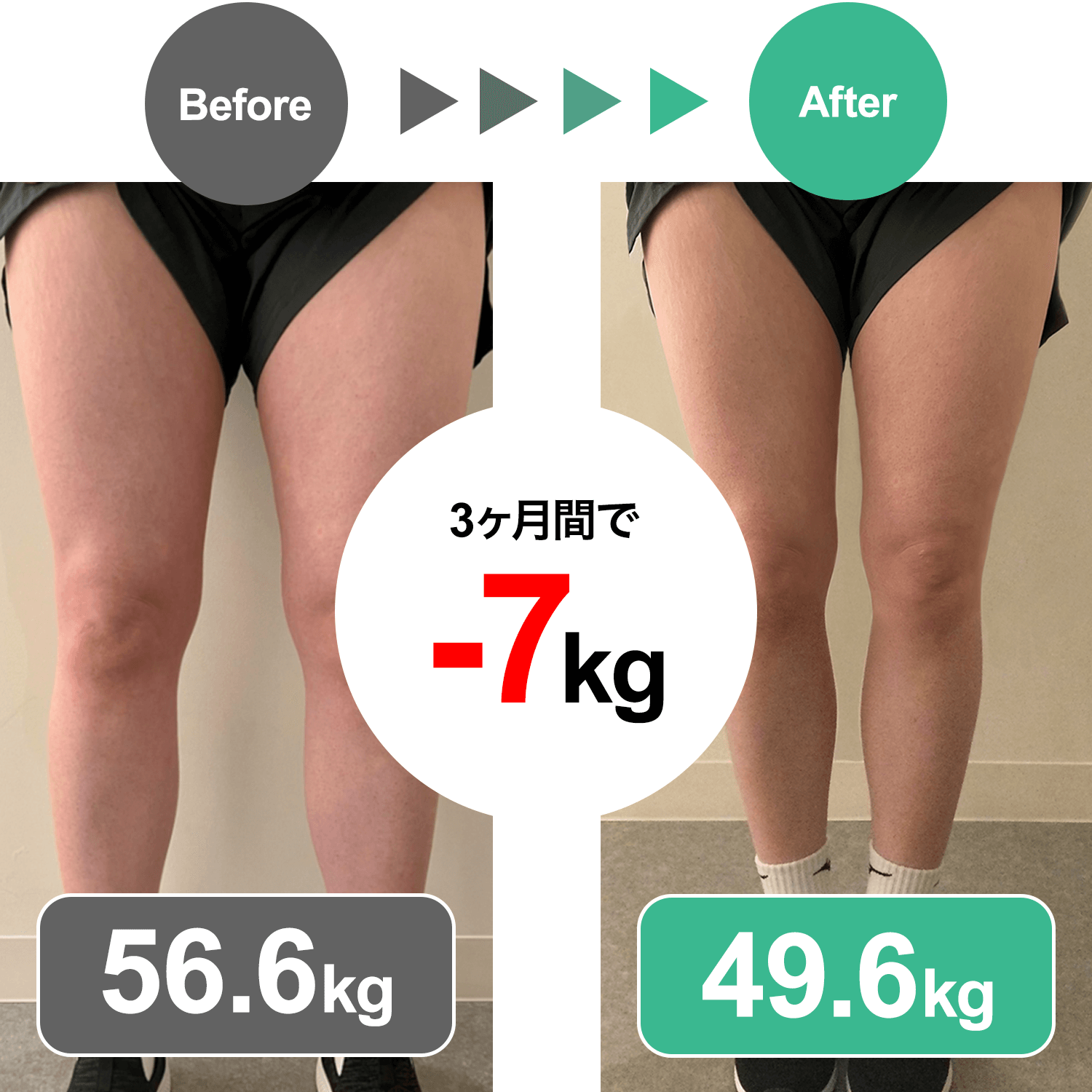 女性の足が3ヶ月で-7kg痩せたビフォーアフターの画像